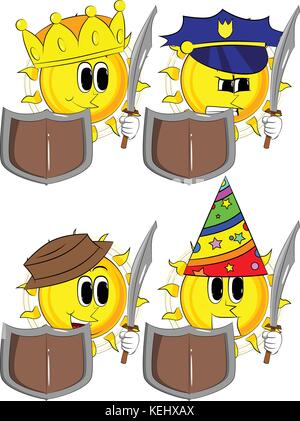 Cartoon knight sun holding a sword and shield. Collection with costume. Expressions vector set. Stock Vector