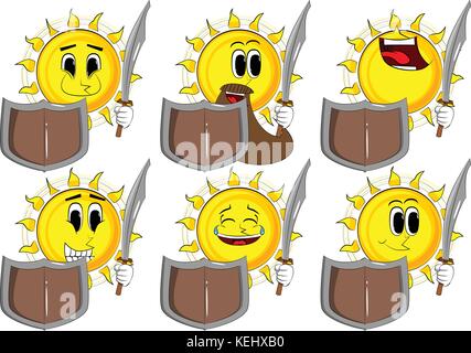 Cartoon knight sun holding a sword and shield. Collection with happy faces. Expressions vector set. Stock Vector
