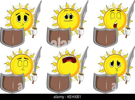 Cartoon knight sun holding a sword and shield. Collection with sad faces. Expressions vector set. Stock Vector