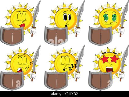 Cartoon knight sun holding a sword and shield. Collection with various facial expressions. Vector set. Stock Vector