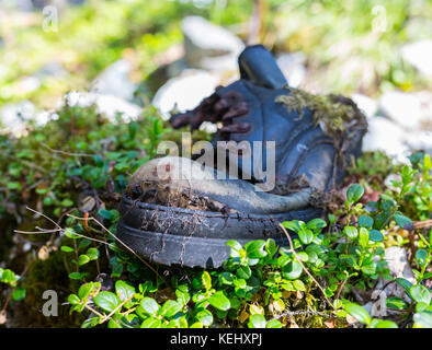 old dirty boots.old boots worn with scratches and untied shoelaces on grunge background. Stock Photo