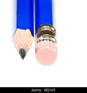 A blue pencil point and an eraser shot against a white background. Stock Photo