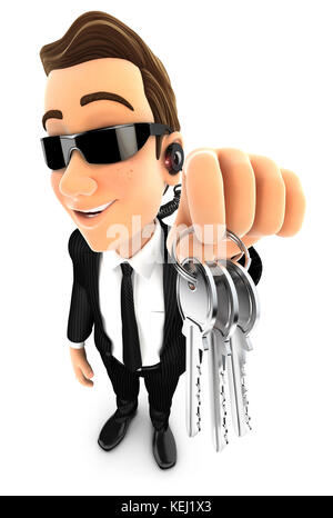3d security agent holding a bunch of keys, illustration with isolated white background Stock Photo