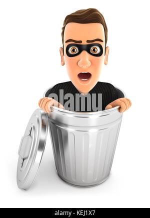3d thief inside trash can, illustration with isolated white background Stock Photo