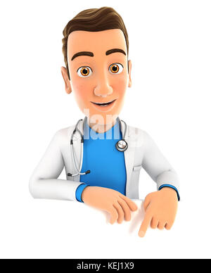 3d doctor pointing to empty wall, illustration with isolated white background Stock Photo