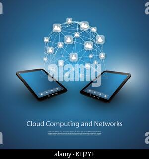 Blue Abstract Worldwide Networks, Global Cloud Technology or Informatics Concept Design Template with Tablet PCs and Globular Grid of Connected Users Stock Vector