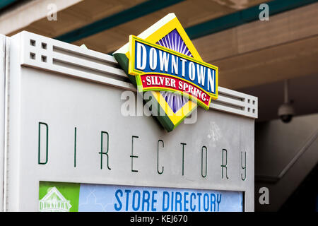 Silver Spring, USA - September 16, 2017: Downtown area of city in Maryland with closeup of large sign on shopping mall building and directions for res Stock Photo
