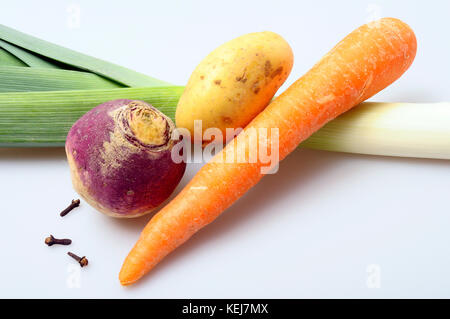 Ingredients for french recipe of pot au feu : carrot, leek, potato, turnip, and spices clove on light background Stock Photo