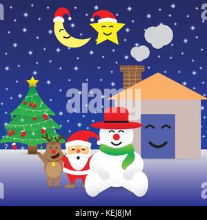 Merry Christmas Night, Cute Reindeer, Crescent Moon, Star, House, Plump Santa Claus,  And Chubby Snowman Is Together With Decorated Christmas Tree Stock Vector