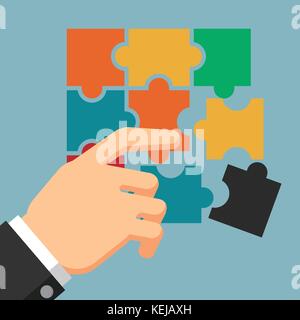 Businessman holding puzzle in hands putting in jigsaw. Completion mission concept. Vector illustration flat design. Stock Vector