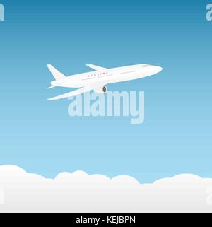 white airplane on a background of blue sky and clouds Stock Vector