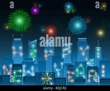 Colorful Happy New Year alphabets on illuminated windows of high rise buildings grouping in a night city with colorful fireworks in various patterns Stock Vector