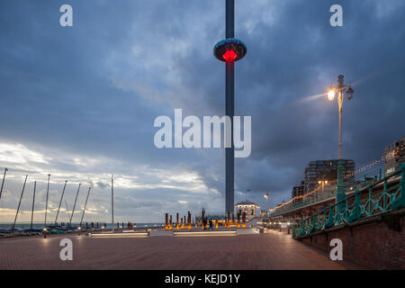 Evening on Brighton seafront, East Sussex, England. i360 tower in the distance. Stock Photo