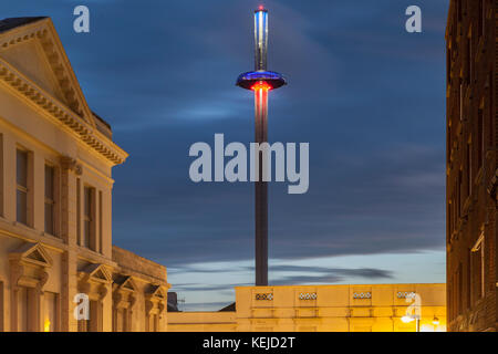 Evening in Brighton city centre, East Sussex, England. i360 tower in the distance. Stock Photo