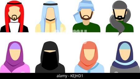 Arabic avatars in flat style. Arabic man and woman icons set. Vector illustration Stock Vector