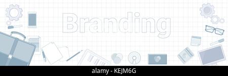Branding Word With Office Stuff Icons On Squared Background Creation And Products Line Development Concept Stock Vector
