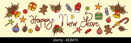 Happy New Year Text Design On Merry Christmas Background Hand Drawn Style Horizontal Poster Stock Vector