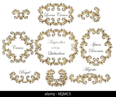 Set of vintage baroque engraving floral scroll filigree elements. Vector illustration. Stock Vector