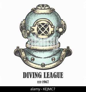 Old diving helmet drawn in retro style. Vector illustration. Stock Vector