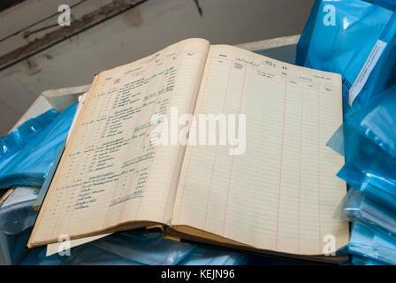 Doctor office with log books from 1957 in abandoned sanatorium - hospital room Stock Photo