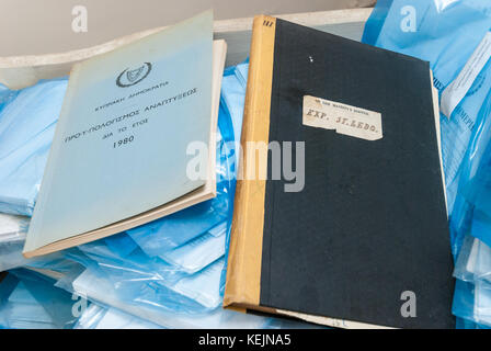 Doctor office with log books from 1957 in abandoned sanatorium - hospital room Stock Photo