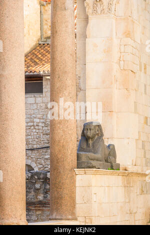 The granite sphinx in Peristyle within Diocletian's Palace in the Old Town in Split, Croatia. Stock Photo