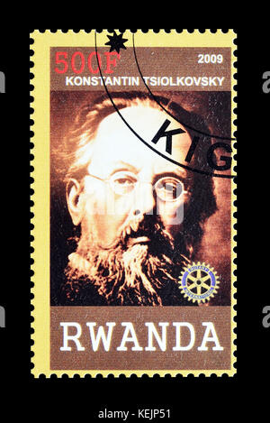 Cancelled postage stamp printed by Rwanda, that shows Konstantin Tsiolkovski. Stock Photo