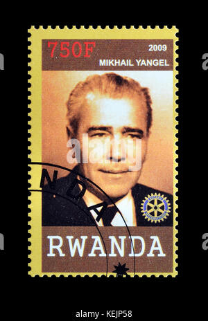 Cancelled postage stamp printed by Rwanda, that shows Mikhail Yangil. Stock Photo