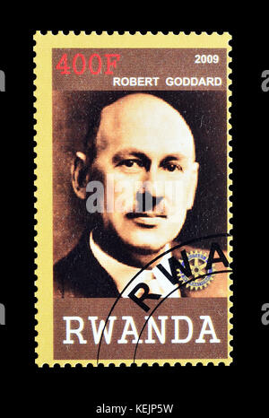 Cancelled postage stamp printed by Rwanda, that shows Robert Goddard. Stock Photo