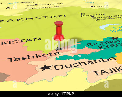 Pushpin on Tashkent map background. 3d illustration. Stock Photo