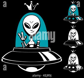 Cartoon alien king in his flying saucer and in 4 versions. Stock Vector