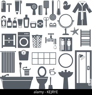 Bathroom furniture, accessories and cosmetics silhouette icons. Stock Vector