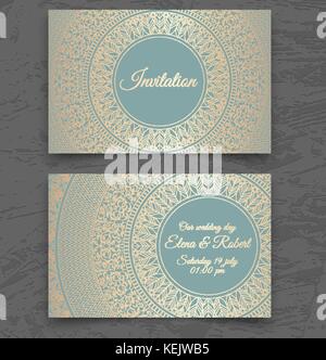 Vintage wedding invitation or business card templates. Cover design with gold mandala ornaments. Vector traditional decorative backgrounds with round  Stock Vector