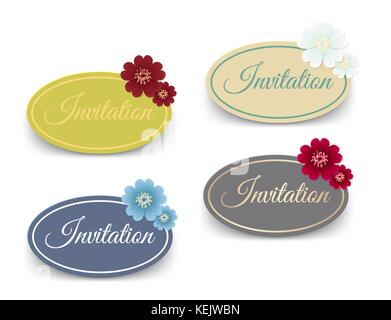 Realistic Vector label oval shape with frame and flower for you wedding invitation or greeting card design illustration. Different colors. Realistic p Stock Vector