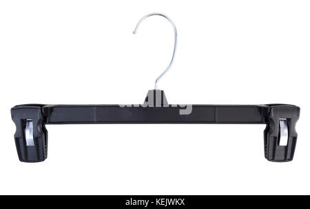 Empty black plastic coat hanger with clips. Isolated. Stock Photo