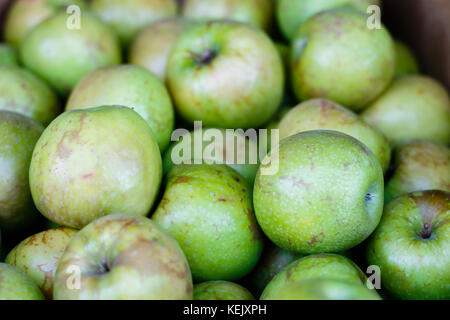 Granny Smith Apples at a produce stand. Stock Photo