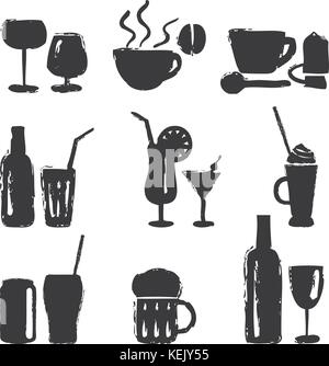 Various hand drawn beverages silhouette icons set. Stock Vector