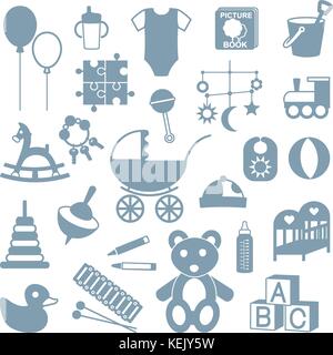 Various isolated kids gear and toys silhouette icons set. Stock Vector