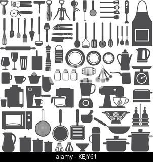 Various kitchen utensils and appliances vector  silhouette icons set. Stock Vector