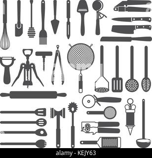 Various kitchen utensils vector silhouette icons set. Stock Vector