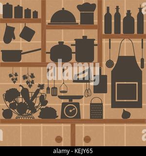 Restaurant and kitchen silhouette icons on tiled wall. Stock Vector
