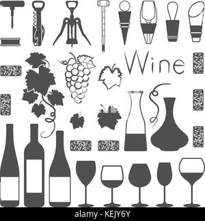 Wine related silhouette icons. Stock Vector