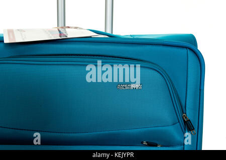 Winneconne, WI - 12 October 2017: An American Tourister piece of luggage on an isolated background. Stock Photo