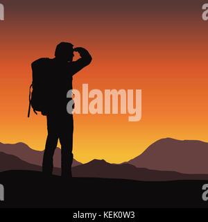 Vector illustration of a tourist with a backpack looking in the distance in a mountain landscape under an orange sky in the morning sunrise Stock Vector