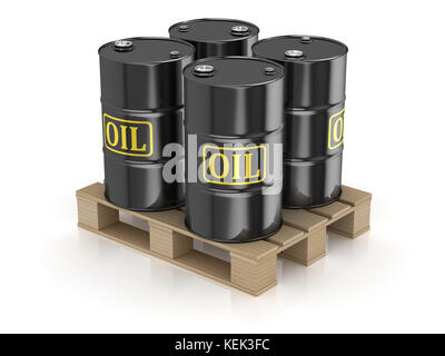 Black Oil Barrel on Pallet , This is a 3d Rendered Computer Generated Image. Isolated on White. Stock Photo