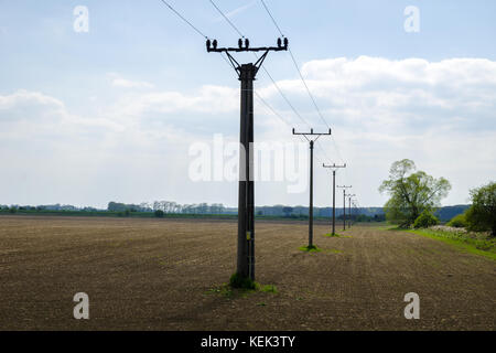 A view of a row of columns of a power line column in a landscape with trees with a field under a blue sky Stock Photo