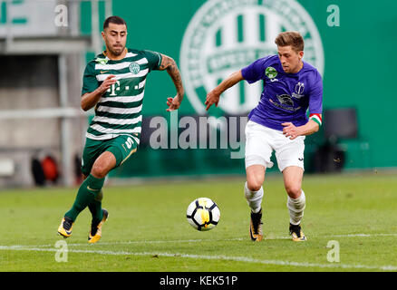 BUDAPEST, HUNGARY - MAY 27: (r-l) Endre Botka of Ferencvarosi TC challenges  Krisztian Simon of Ujpest FC during the Hungarian OTP Bank Liga match  between Ujpest FC and Ferencvarosi TC at Ferenc