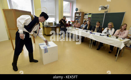 Participants of the Moravian Slovakia's feast voted in folk costumes during elections to the Chamber of Deputies of the Parliament of the Czech Republic in Brezolupy, South Moravia, Czech Republic, on October 21, 2017. (CTK Photo/Dalibor Gluck) Stock Photo