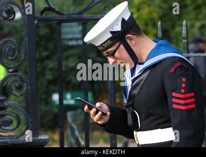 Westminster. London, UK. 22nd Oct, 2017. Over 500 Sea Cadets aged between 10 to 18 take part in National Trafalgar Day Parade in London to celebrate the anniversary of the Battle of Trafalgar on 21 October 1805. It also marks the death of Lord Nelson (Vice-Admiral Horatio Nelson), who was fatally injured in the battle. Credit: Dinendra Haria/Alamy Live News Stock Photo