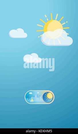 Sunny day cityscape illustration On and Off toggle switch icon and button Stock Vector